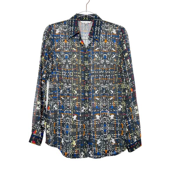 CABI Festival Sheer Button Up Blouse Gray Multicolor Geometric Print Size Small - Picture 1 of 6